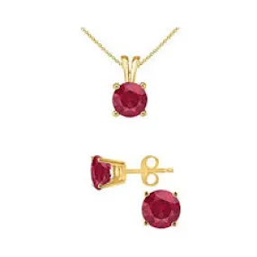 18K Yellow Gold 1/2ct Ruby Round 18 Inch Necklace and Earrings Set Plated