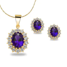 18K Yellow Gold Created Amethyst  Round 3 Carat Oval Necklace Plated 18 inch