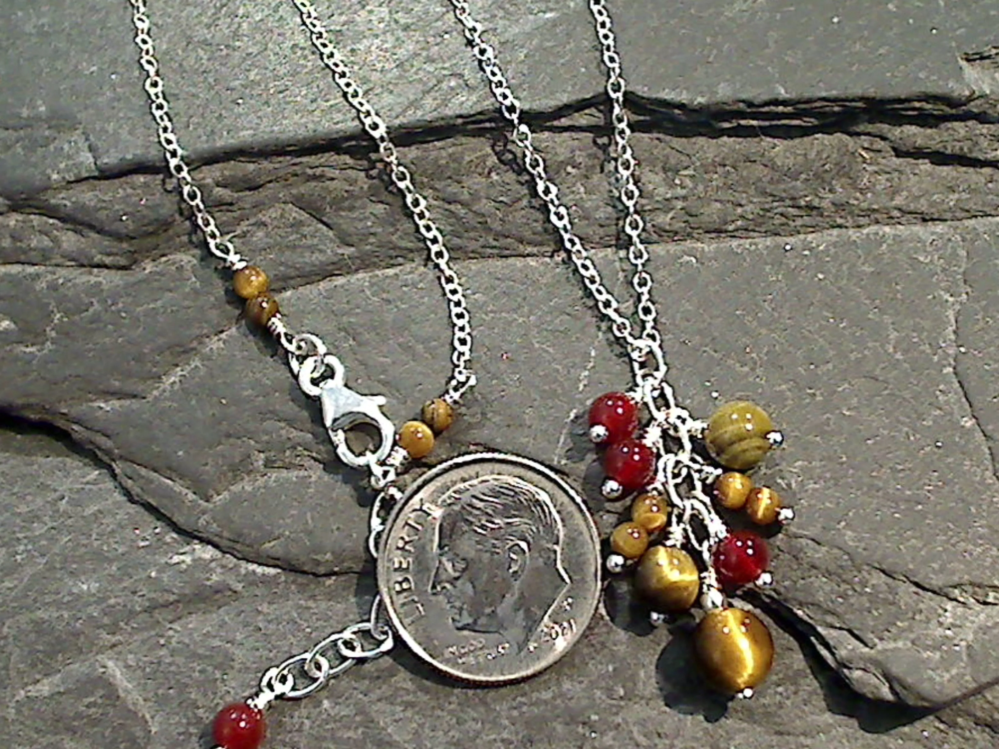 18" - 19" Tiger's Eye, Carnelian, Sterling Silver Necklace