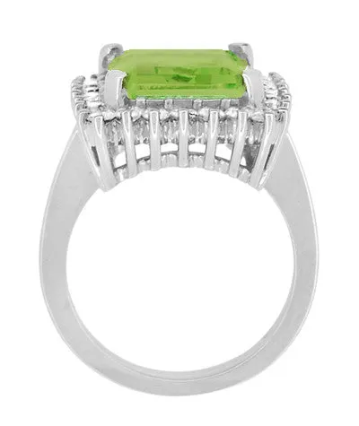 1950's Emerald Cut Peridot Ballerina Ring with Diamonds in 18 Karat White Gold