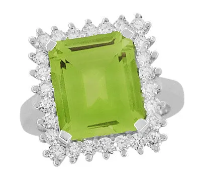 1950's Emerald Cut Peridot Ballerina Ring with Diamonds in 18 Karat White Gold