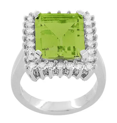 1950's Emerald Cut Peridot Ballerina Ring with Diamonds in 18 Karat White Gold