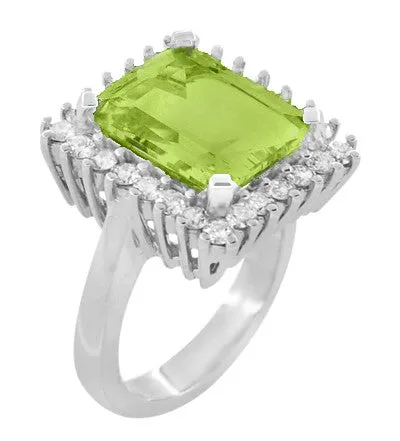 1950's Emerald Cut Peridot Ballerina Ring with Diamonds in 18 Karat White Gold