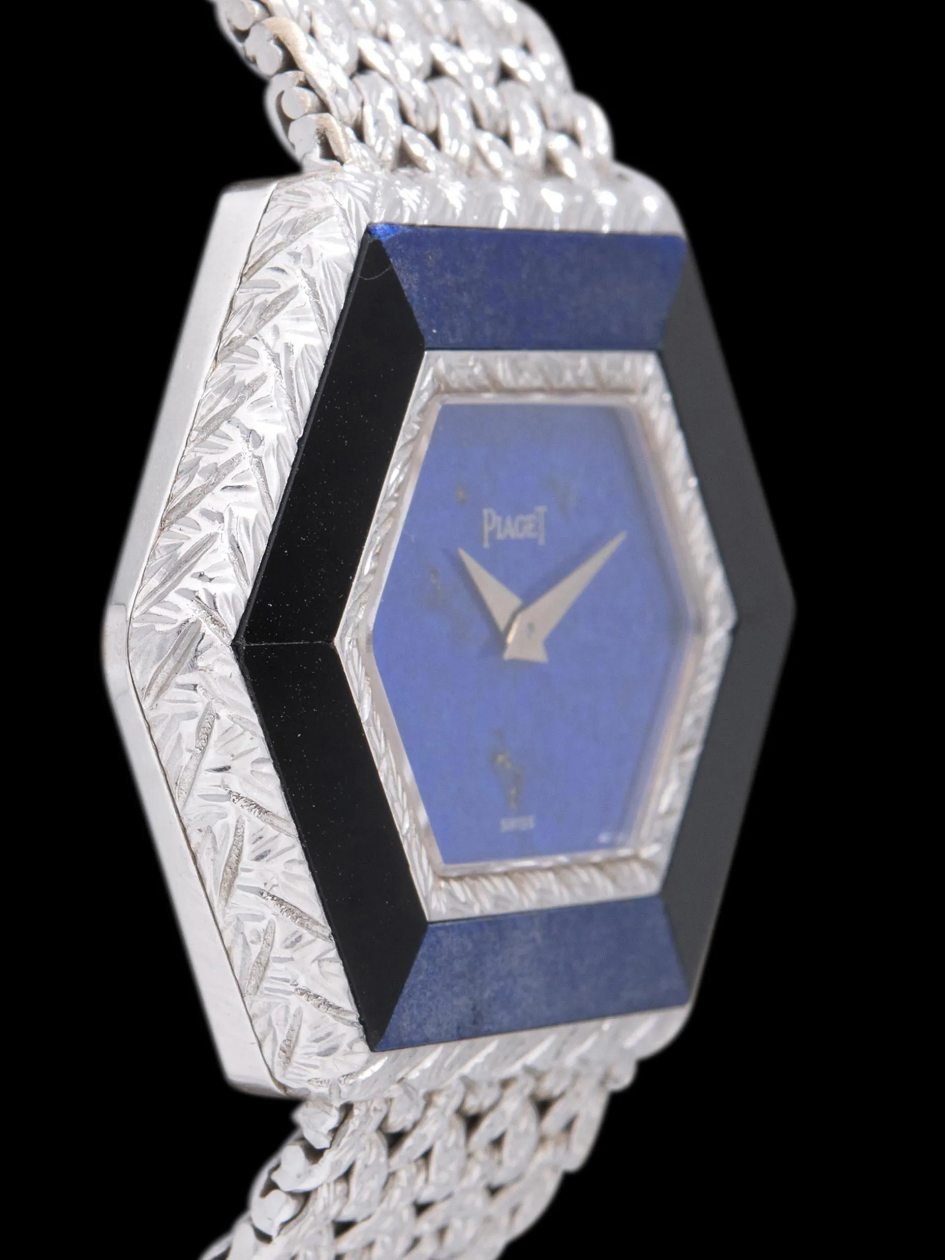 1970s Piaget Hexagon Dress Watch 18K WG (Ref. 9523 D2) Lapis Dial W/ Onyx & Sodalite Bezel