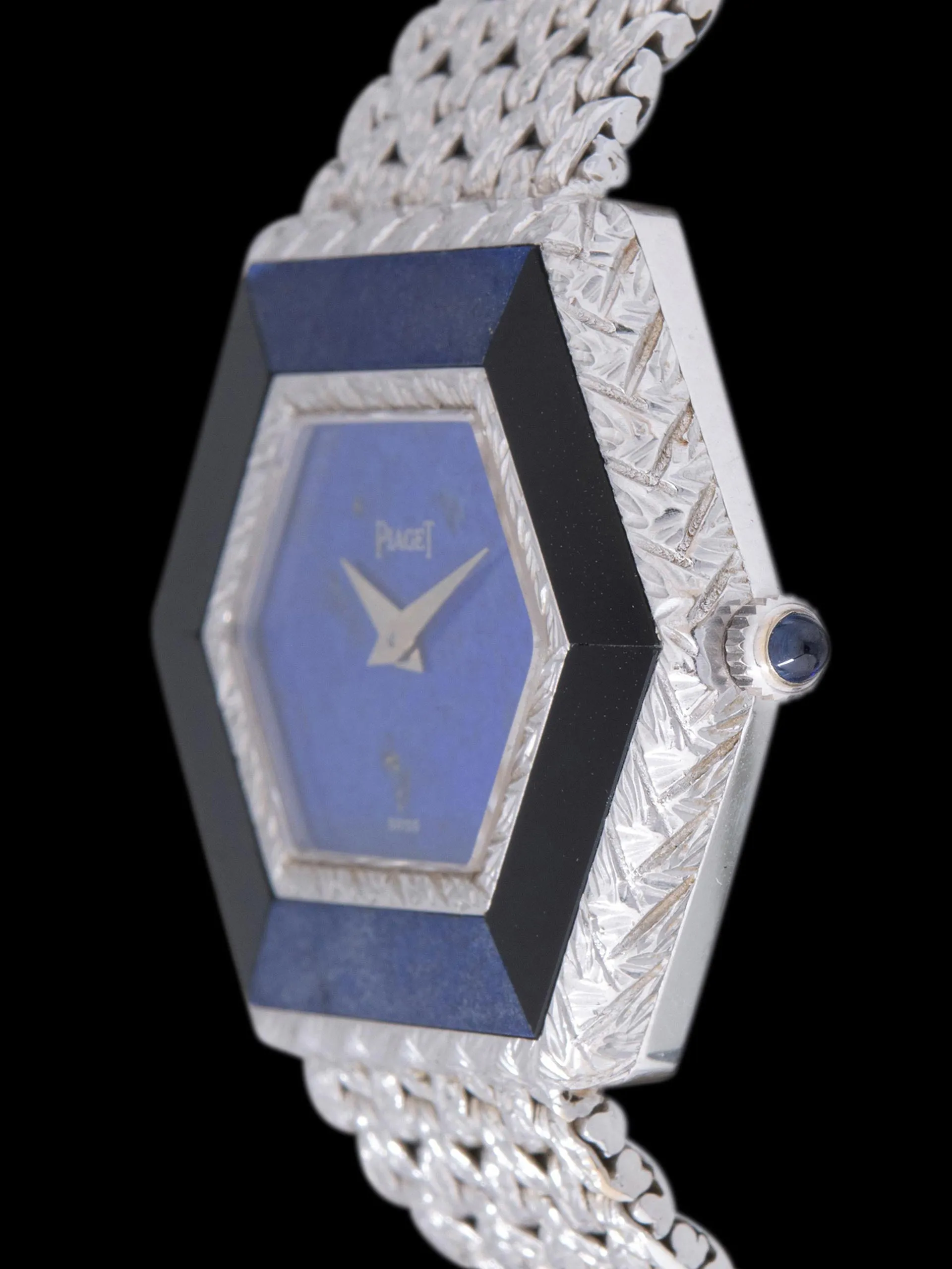 1970s Piaget Hexagon Dress Watch 18K WG (Ref. 9523 D2) Lapis Dial W/ Onyx & Sodalite Bezel