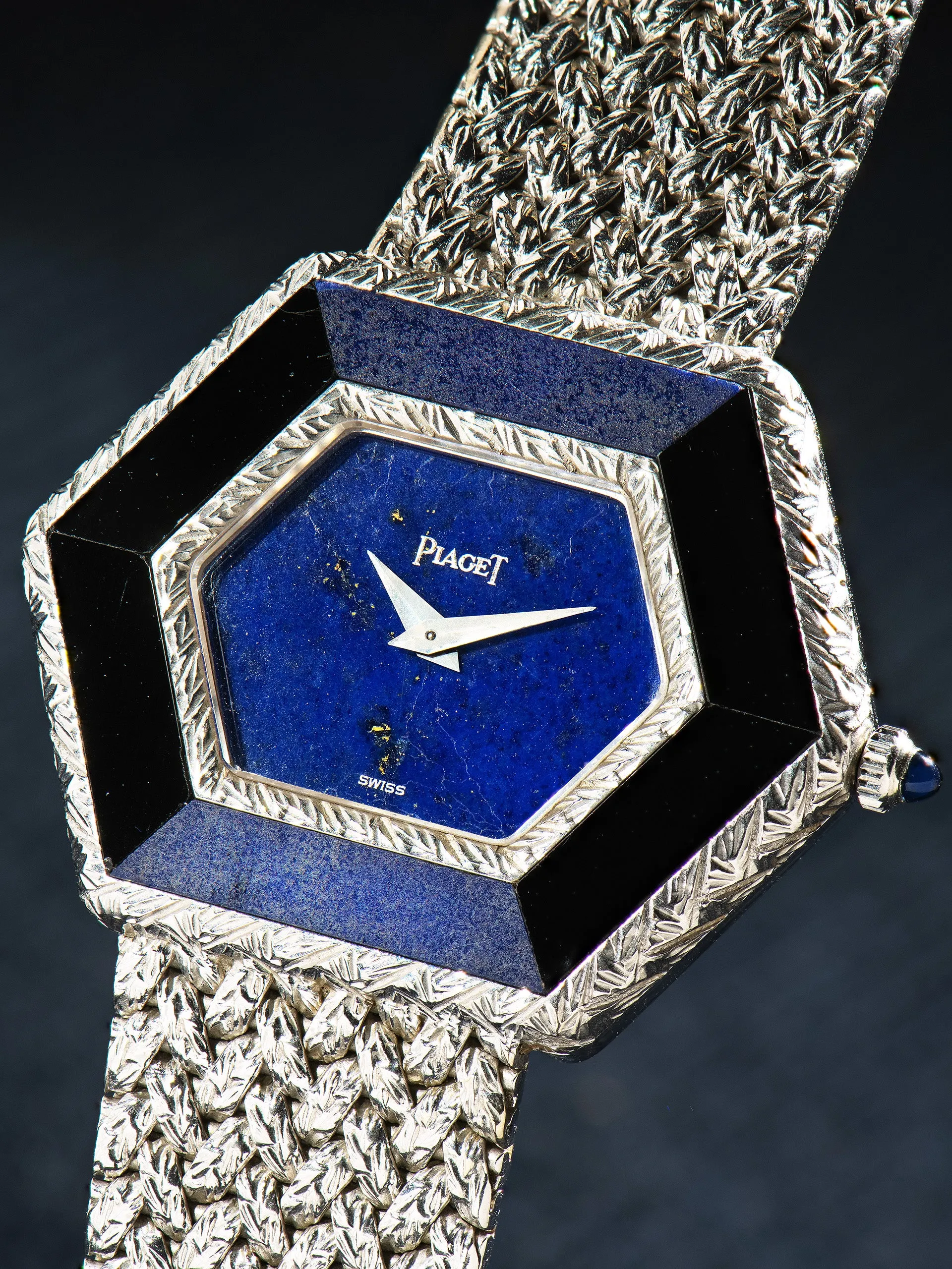 1970s Piaget Hexagon Dress Watch 18K WG (Ref. 9523 D2) Lapis Dial W/ Onyx & Sodalite Bezel