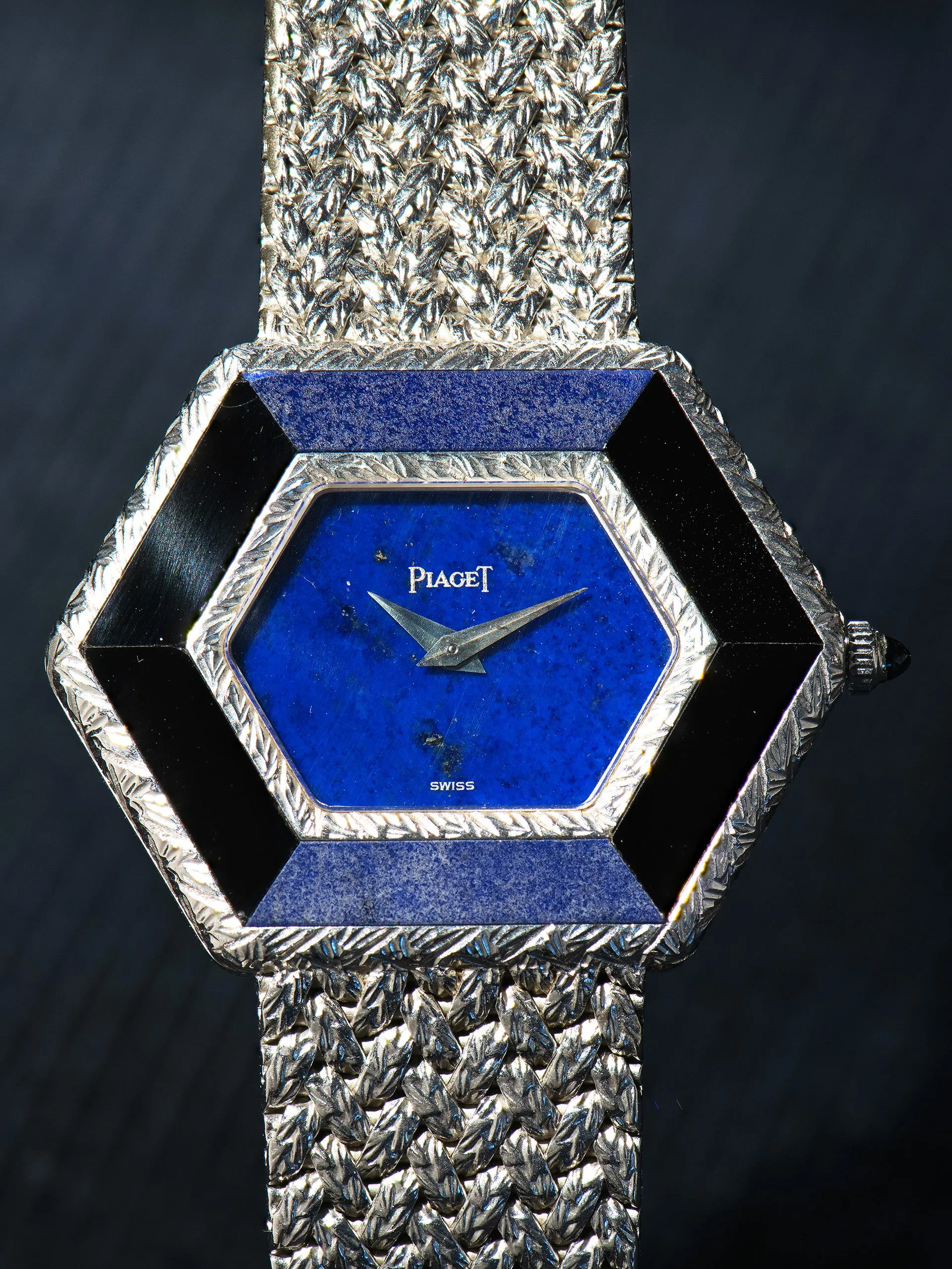 1970s Piaget Hexagon Dress Watch 18K WG (Ref. 9523 D2) Lapis Dial W/ Onyx & Sodalite Bezel