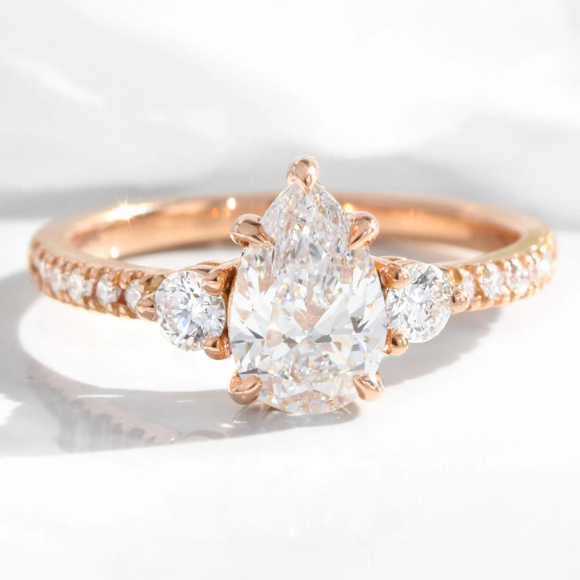 1.98 Ct. Pear Lab Diamond 3 Stone Ring Set w/ Crescent Wedding Band in Forever Setting