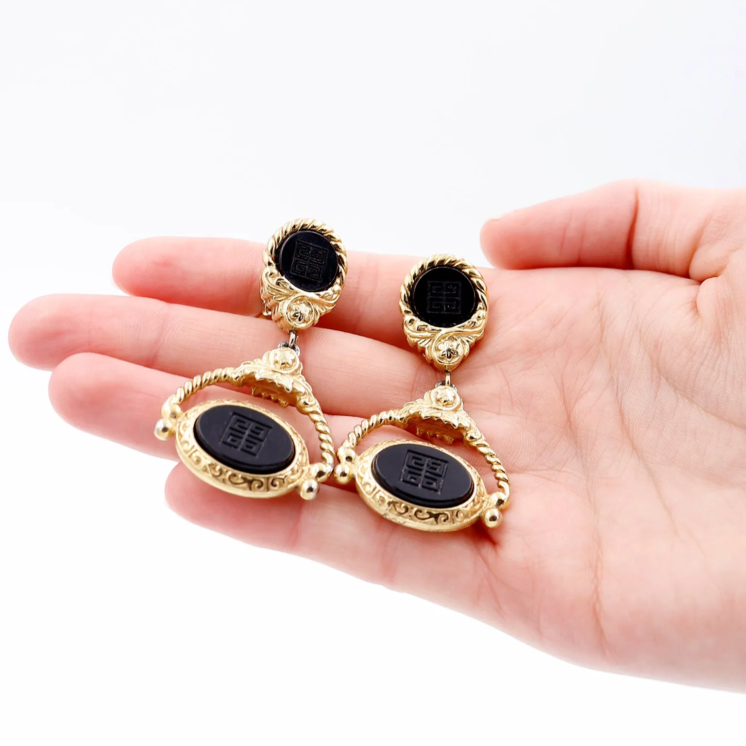 1980s Vintage Givenchy Logo Black & Gold Door Knocker Earrings