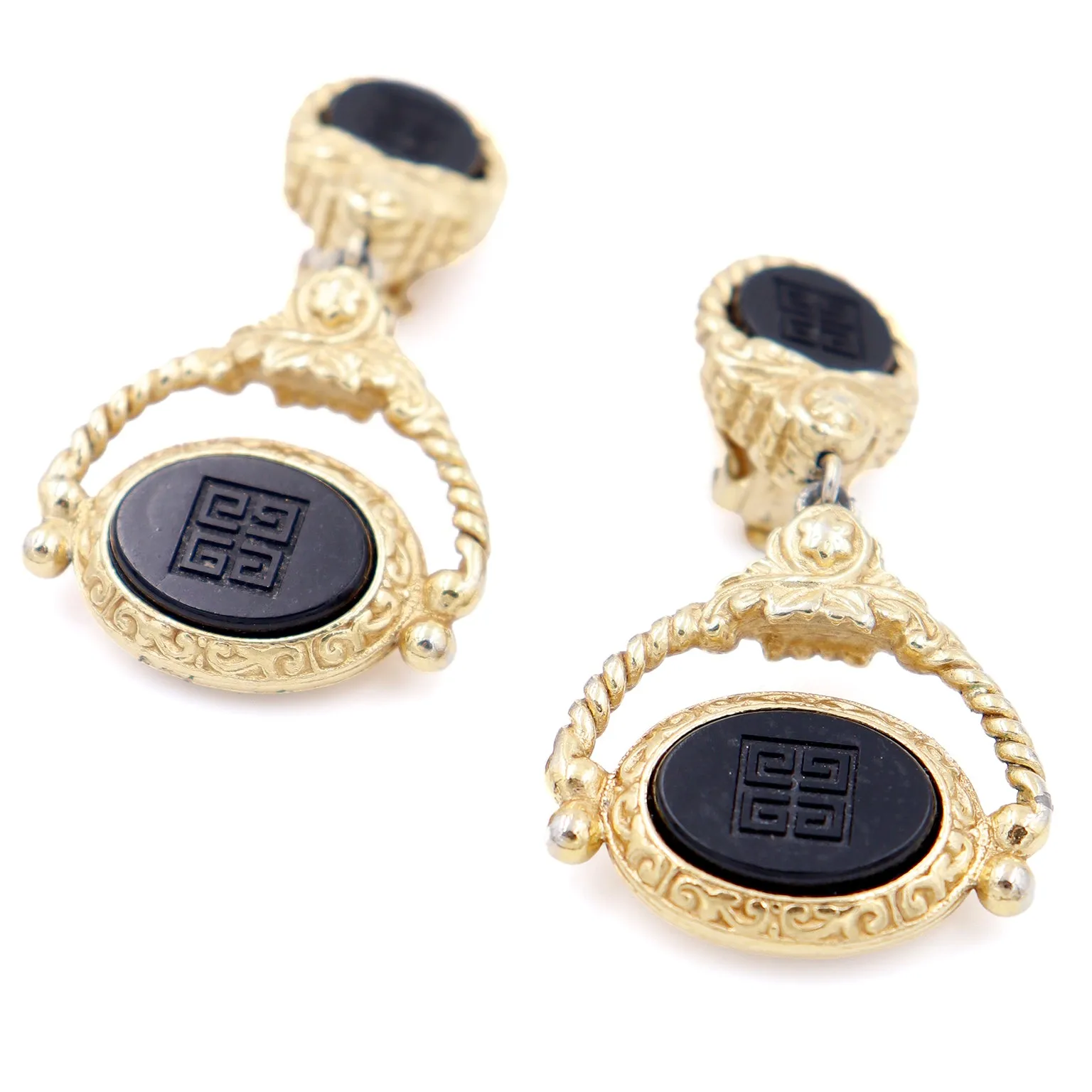 1980s Vintage Givenchy Logo Black & Gold Door Knocker Earrings