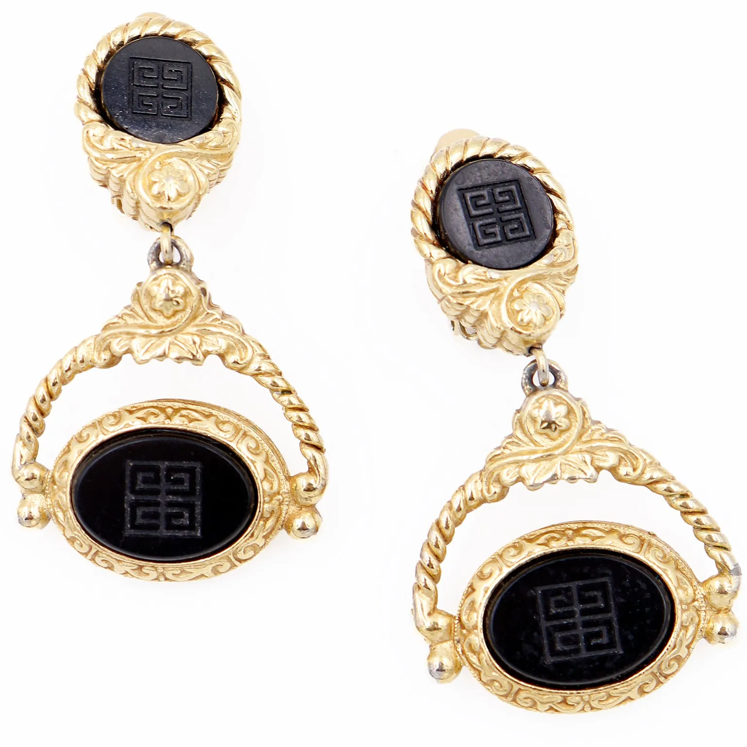 1980s Vintage Givenchy Logo Black & Gold Door Knocker Earrings