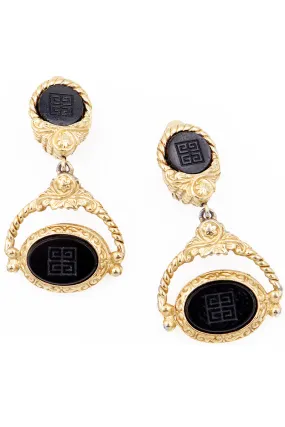 1980s Vintage Givenchy Logo Black & Gold Door Knocker Earrings