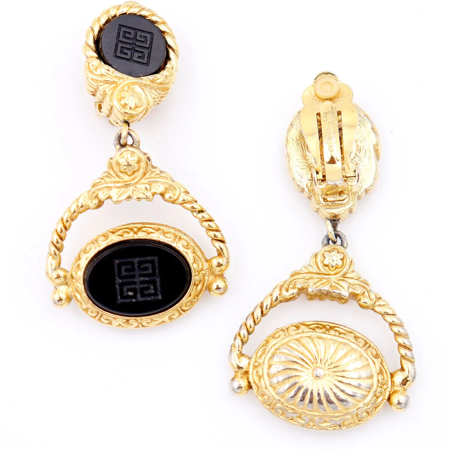 1980s Vintage Givenchy Logo Black & Gold Door Knocker Earrings