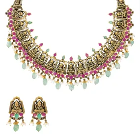 22K Antique Gold & Gemstone Temple Jewelry Set (63.3gm)