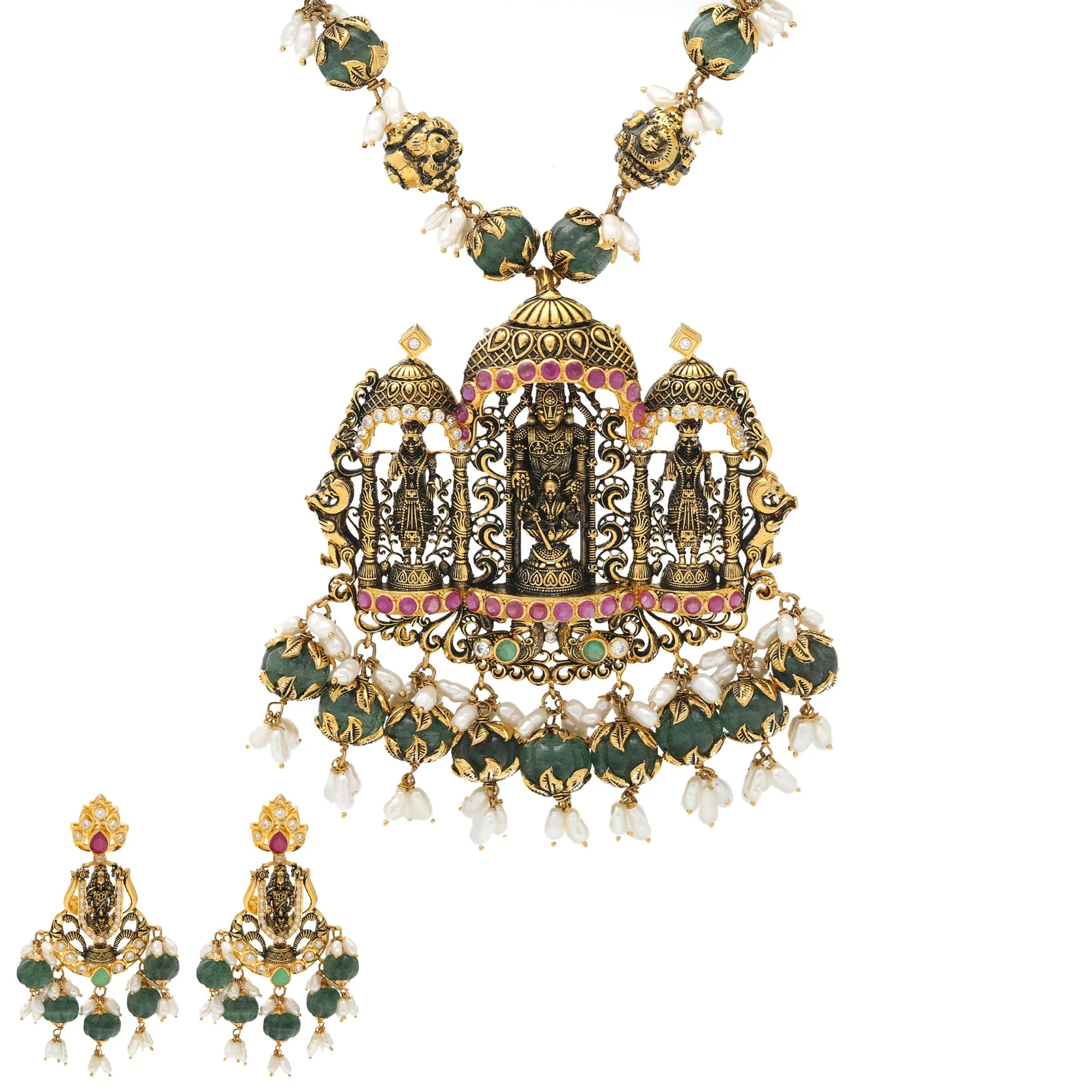 22K Antique Gold, Emerald, Ruby, & Pearl Temple Jewelry Set (106.3gm)