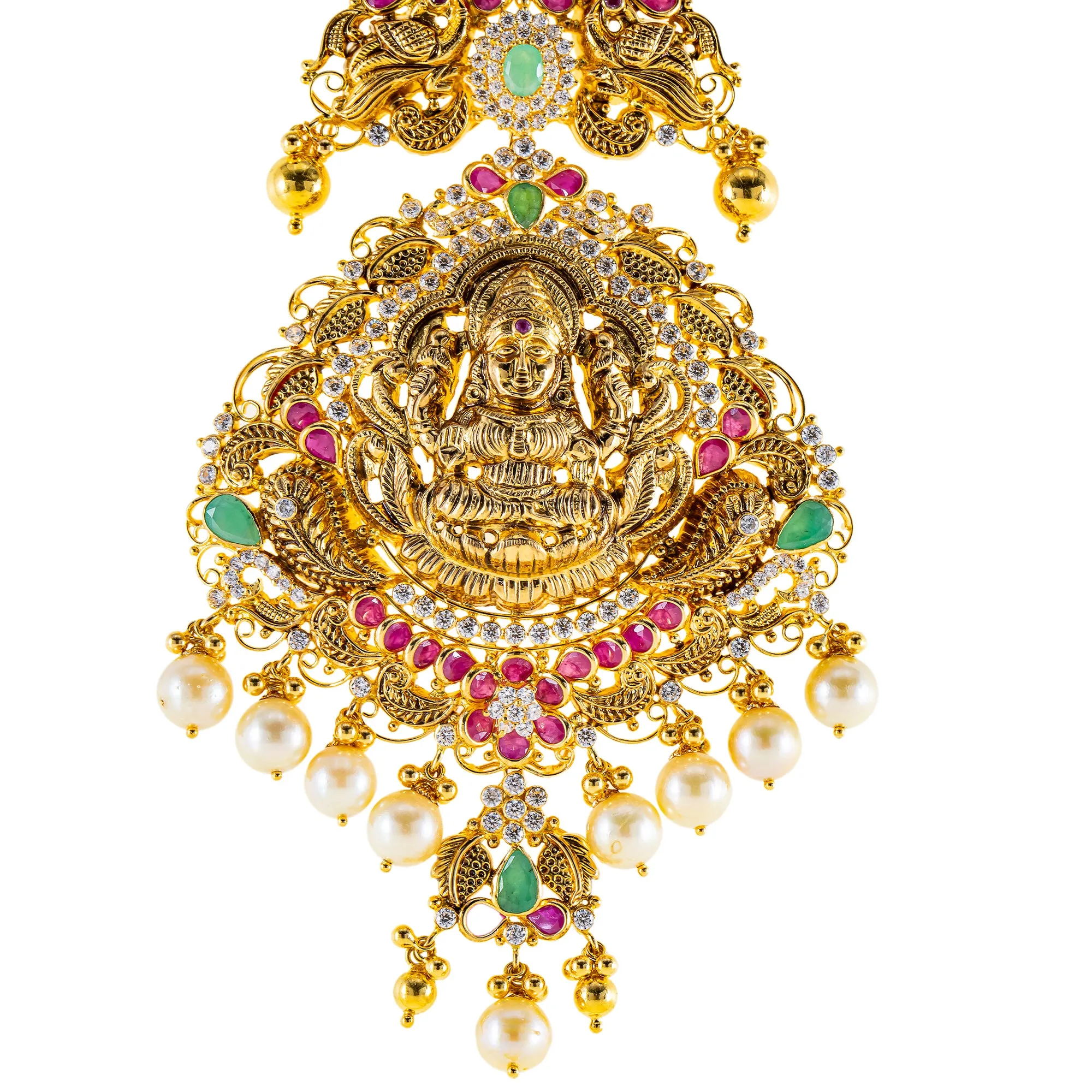 22K Antique Yellow Gold Temple Necklace w/ CZ, Pearls & Ruby (90.9gm)