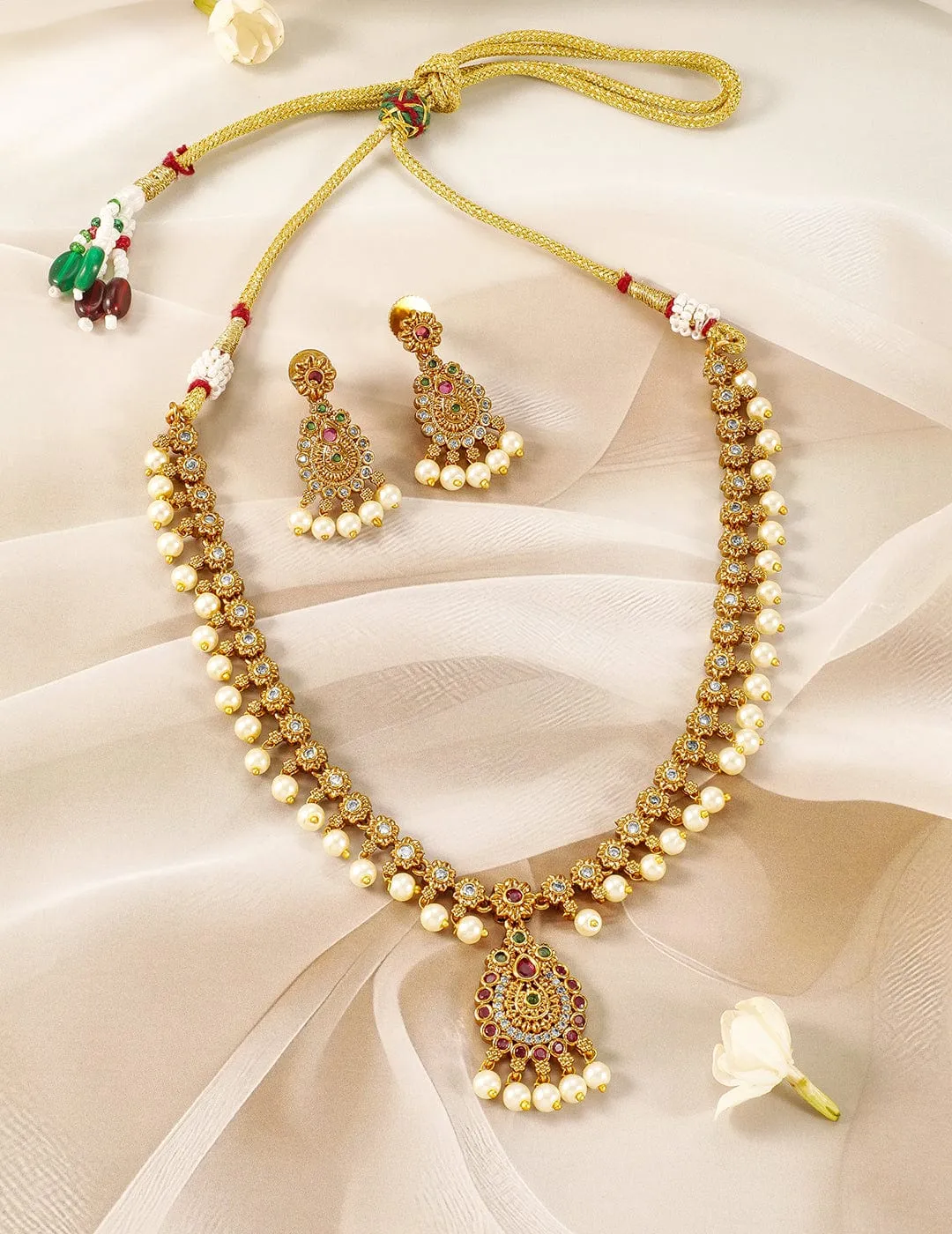 22K Gold-Plated Ruby & Emerald Kundan and CZ Studded Jewellery Set with Pearl Beads