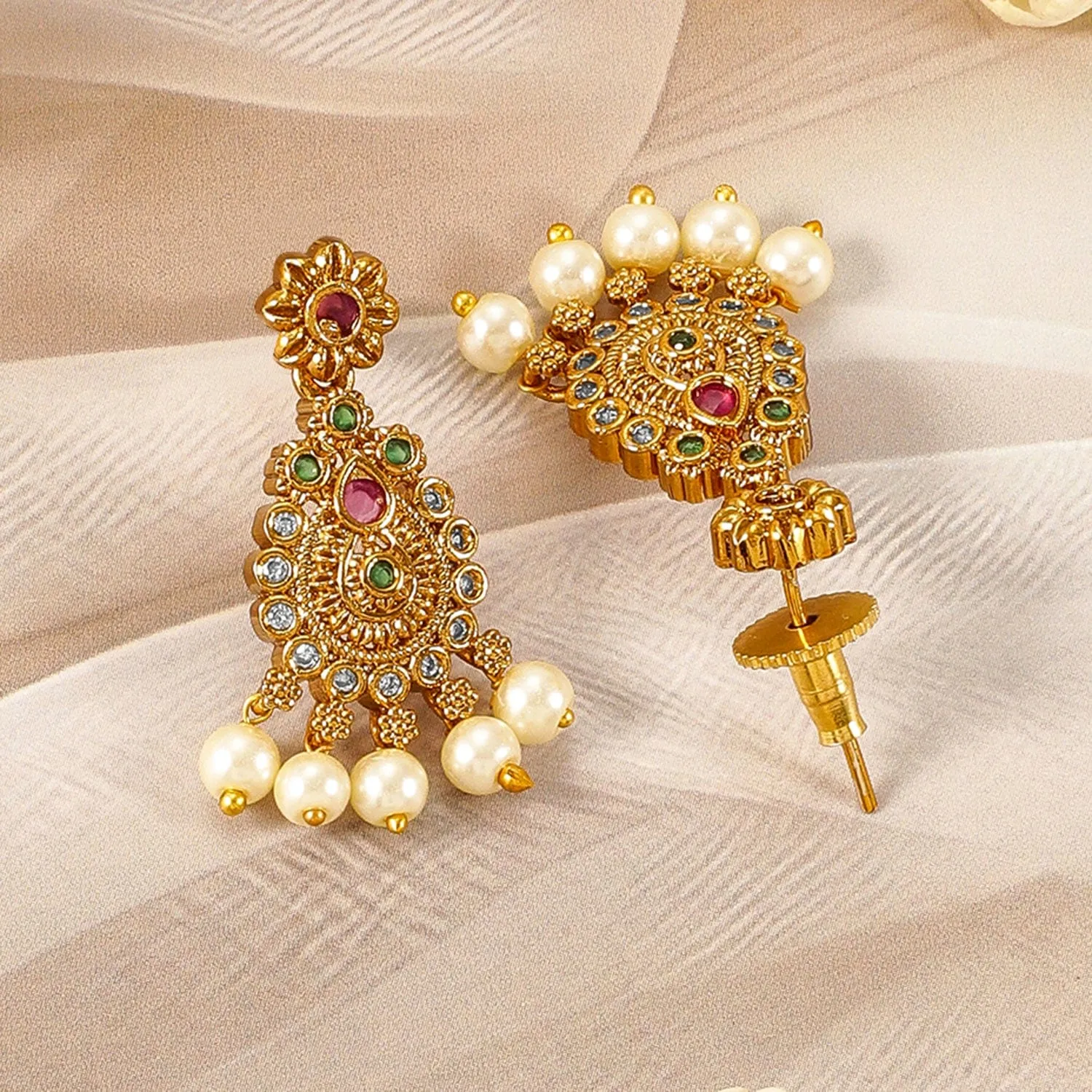 22K Gold-Plated Ruby & Emerald Kundan and CZ Studded Jewellery Set with Pearl Beads