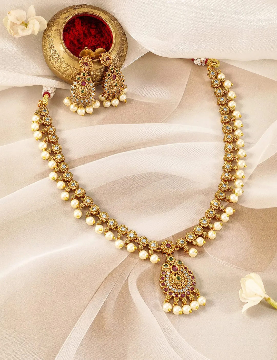 22K Gold-Plated Ruby & Emerald Kundan and CZ Studded Jewellery Set with Pearl Beads