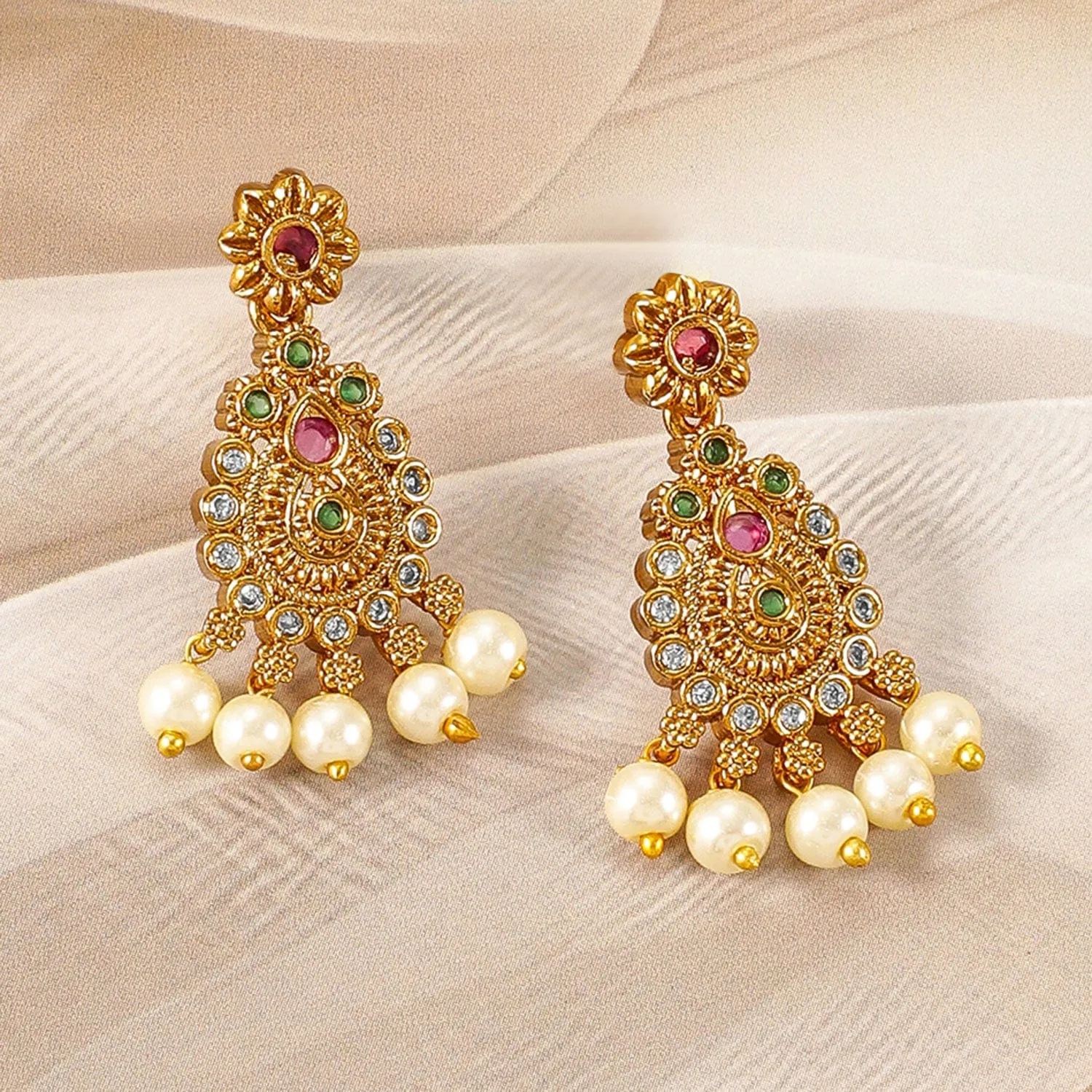 22K Gold-Plated Ruby & Emerald Kundan and CZ Studded Jewellery Set with Pearl Beads