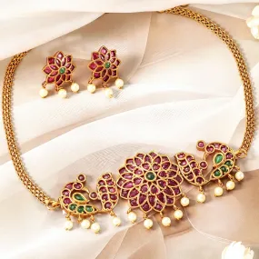 22K Gold-Plated Ruby Pink & Emerald Kundan Studded Choker set with Pearl Accents