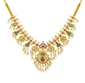 22K Yellow Gold 20 Inch Guttapusalu Temple Necklace w/ Emerald, Ruby, CZ, & Pearl (59gm)