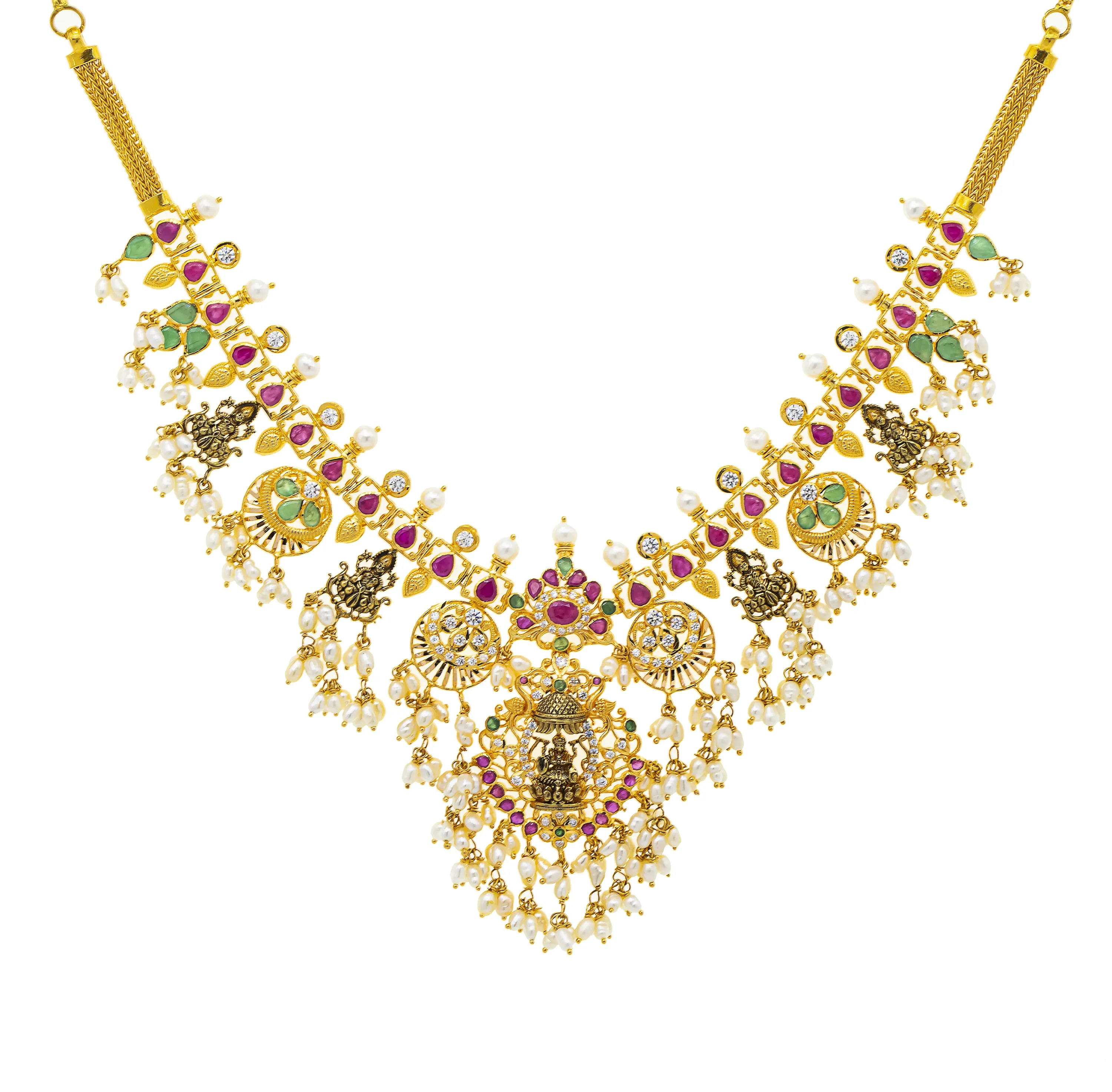 22K Yellow Gold 20 Inch Guttapusalu Temple Necklace w/ Emerald, Ruby, CZ, & Pearl (59gm)