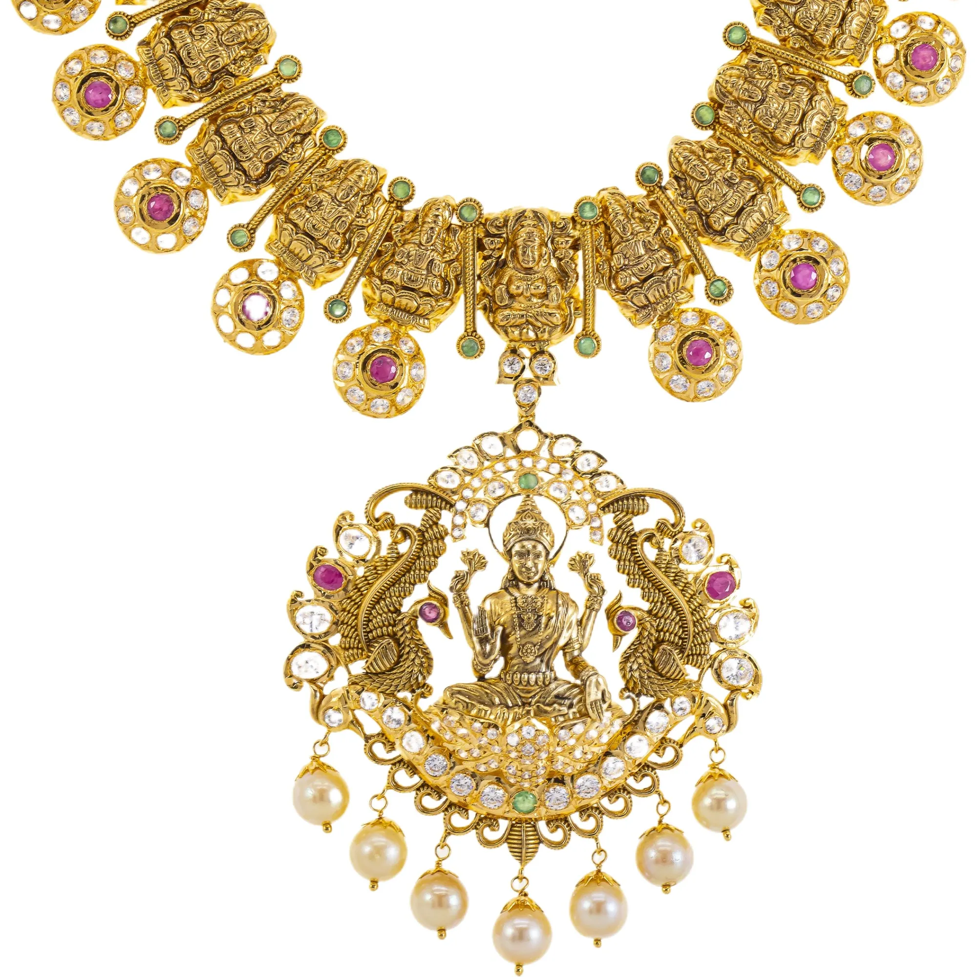 22K Yellow Gold Temple Necklace w/ Emerald, Ruby, CZ, and Pearl (111.8gm)