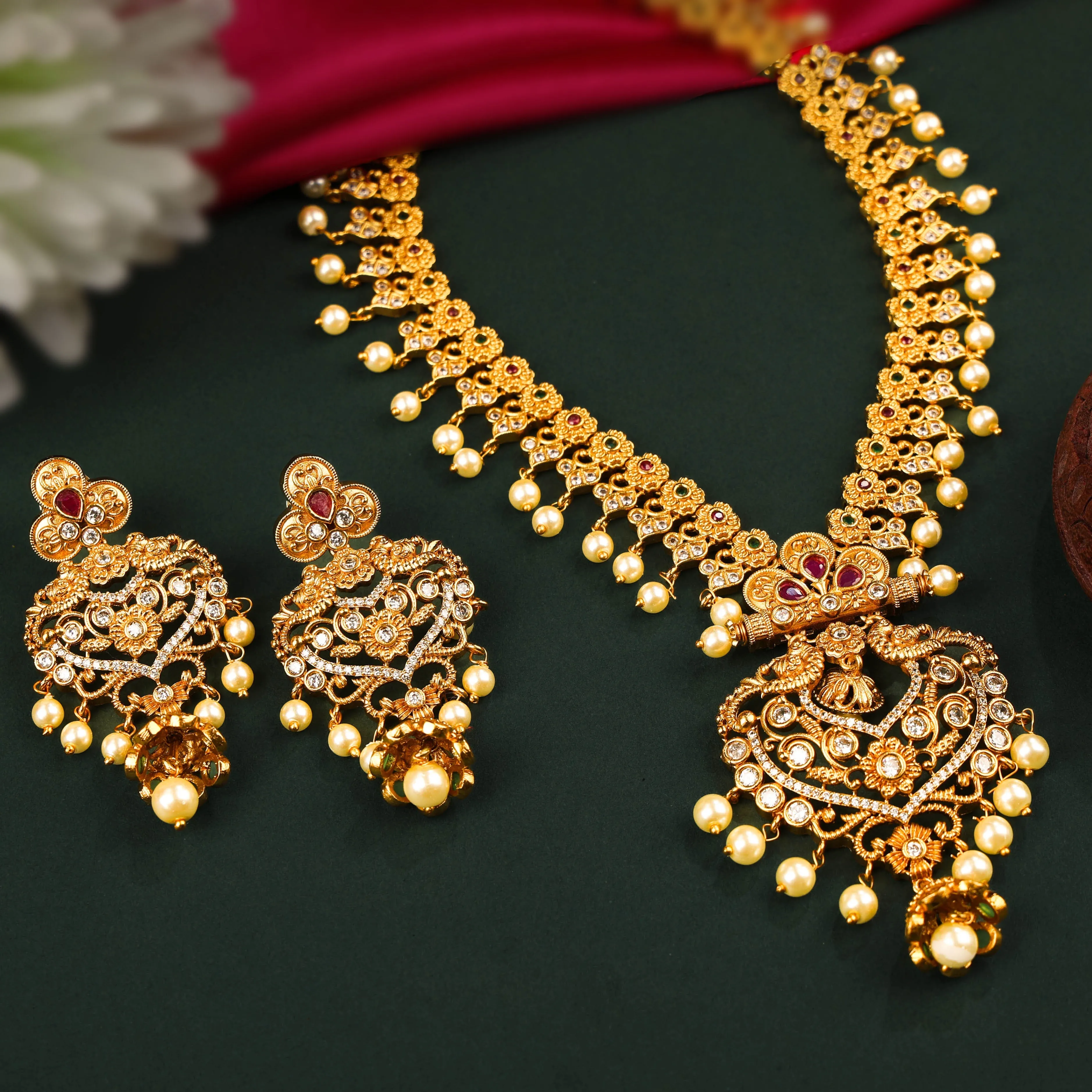 24K Gold Plated South Indian Long Haram Set With Pearls And Pair Of Earring For Women