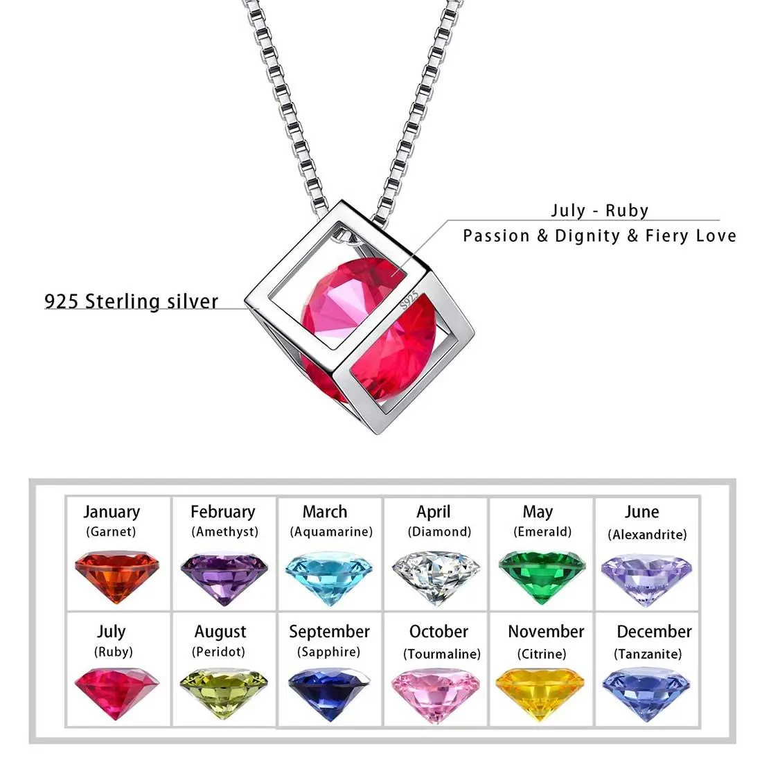 3D Cube Birthstone July Ruby Necklace Pendant Women Girls Jewelry Birthday Gift Sterling Silver