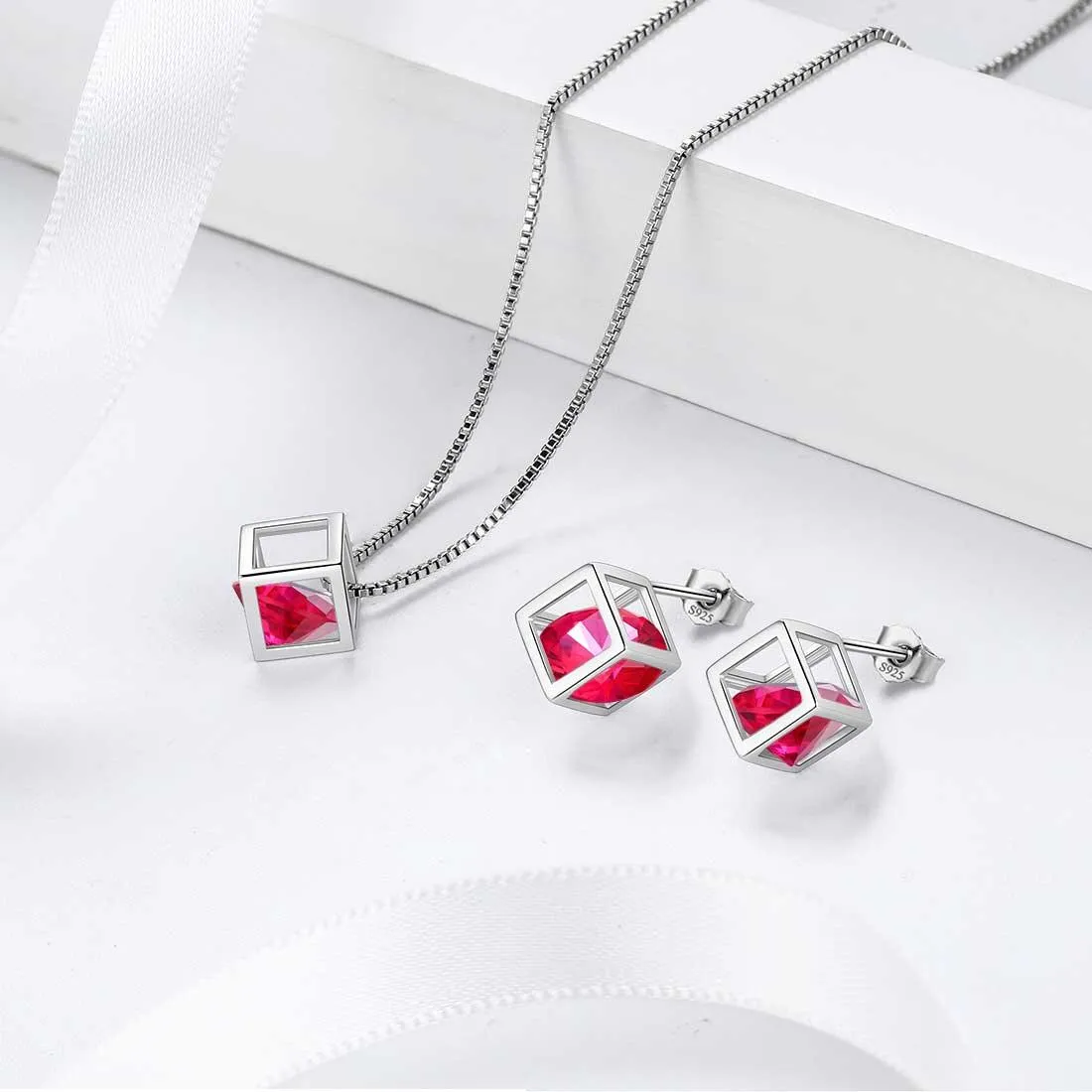 3D Cube Birthstone July Ruby Necklace Pendant Women Girls Jewelry Birthday Gift Sterling Silver