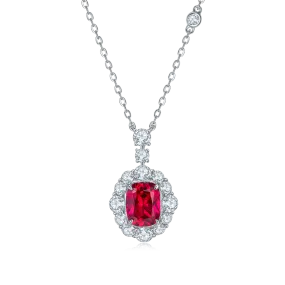 4.0 Carat Rectangular Lab-Created Ruby Oval Halo Necklace in S925 Silver Plated Platinum