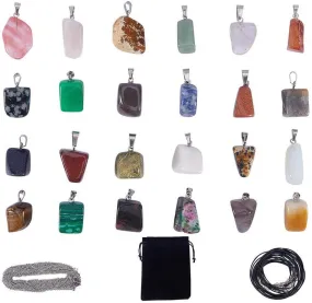 48Pcs Crystal Stone Charms Kit Irregular Shape Healing Gemstone Chakra Beads Pendants 12Pcs Imitation Leather Cord Necklace & 12Pcs Cross Chains & Velvet Pouches for Necklace Jewelry Making