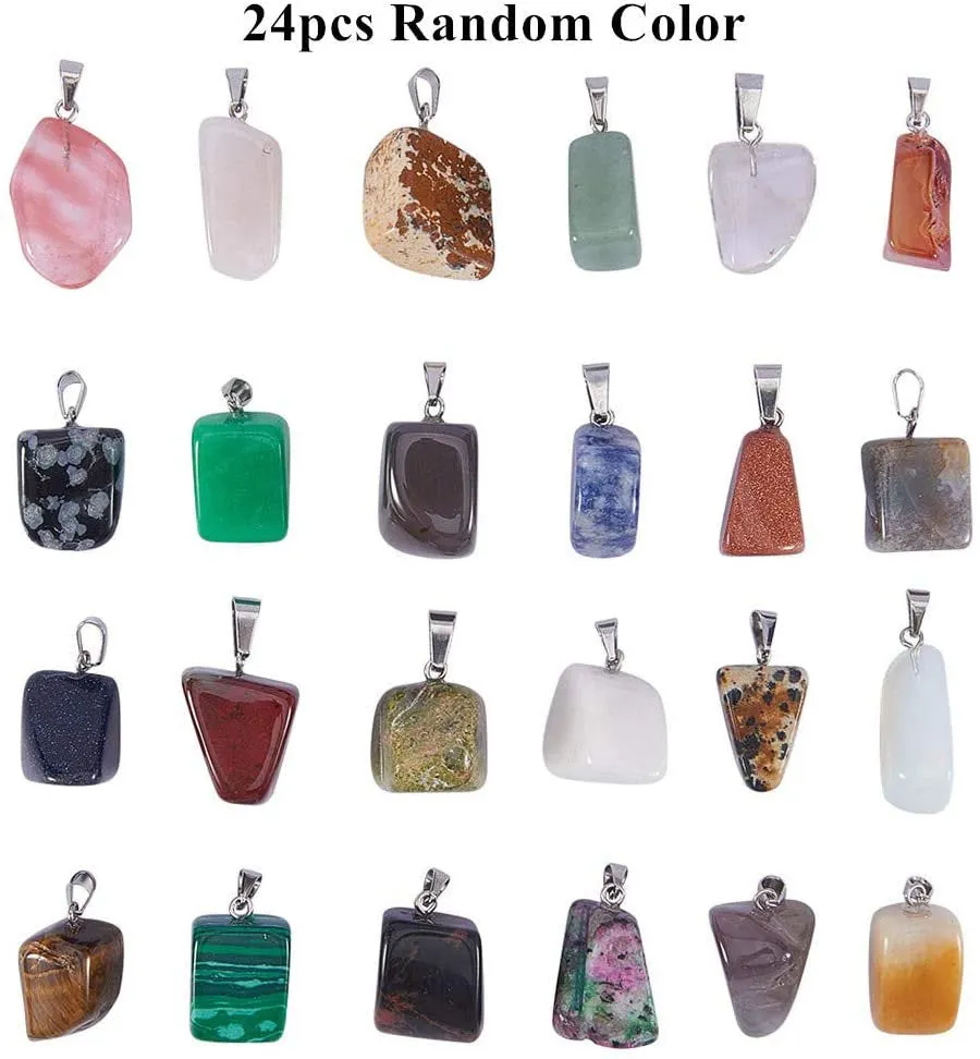 48Pcs Crystal Stone Charms Kit Irregular Shape Healing Gemstone Chakra Beads Pendants 12Pcs Imitation Leather Cord Necklace & 12Pcs Cross Chains & Velvet Pouches for Necklace Jewelry Making