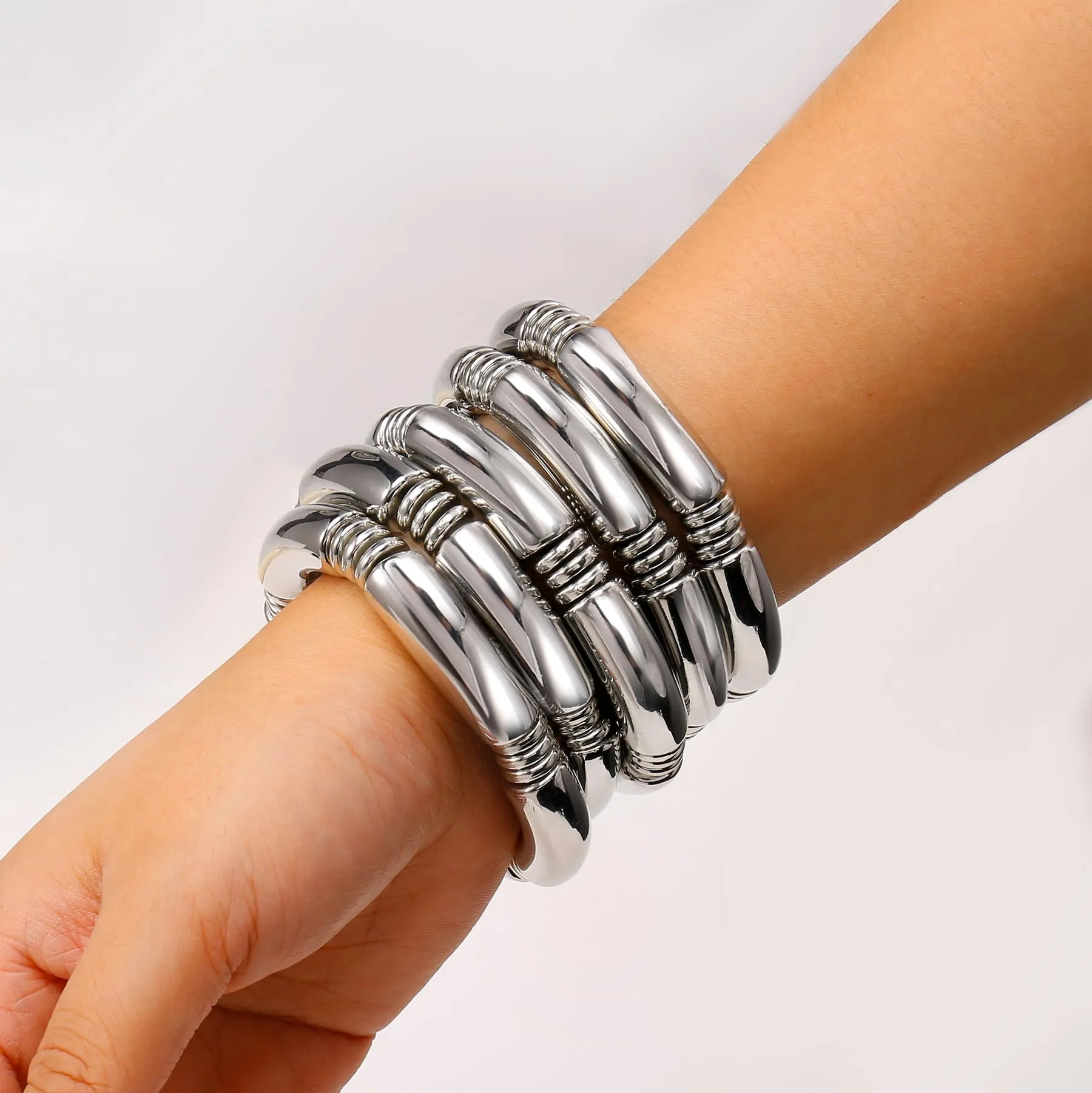 5pcs Silver Chunky Bangles Bracelets For Women Stack Layered Curved Bamboo Tube Stretch Bracelets Gift Jewelry