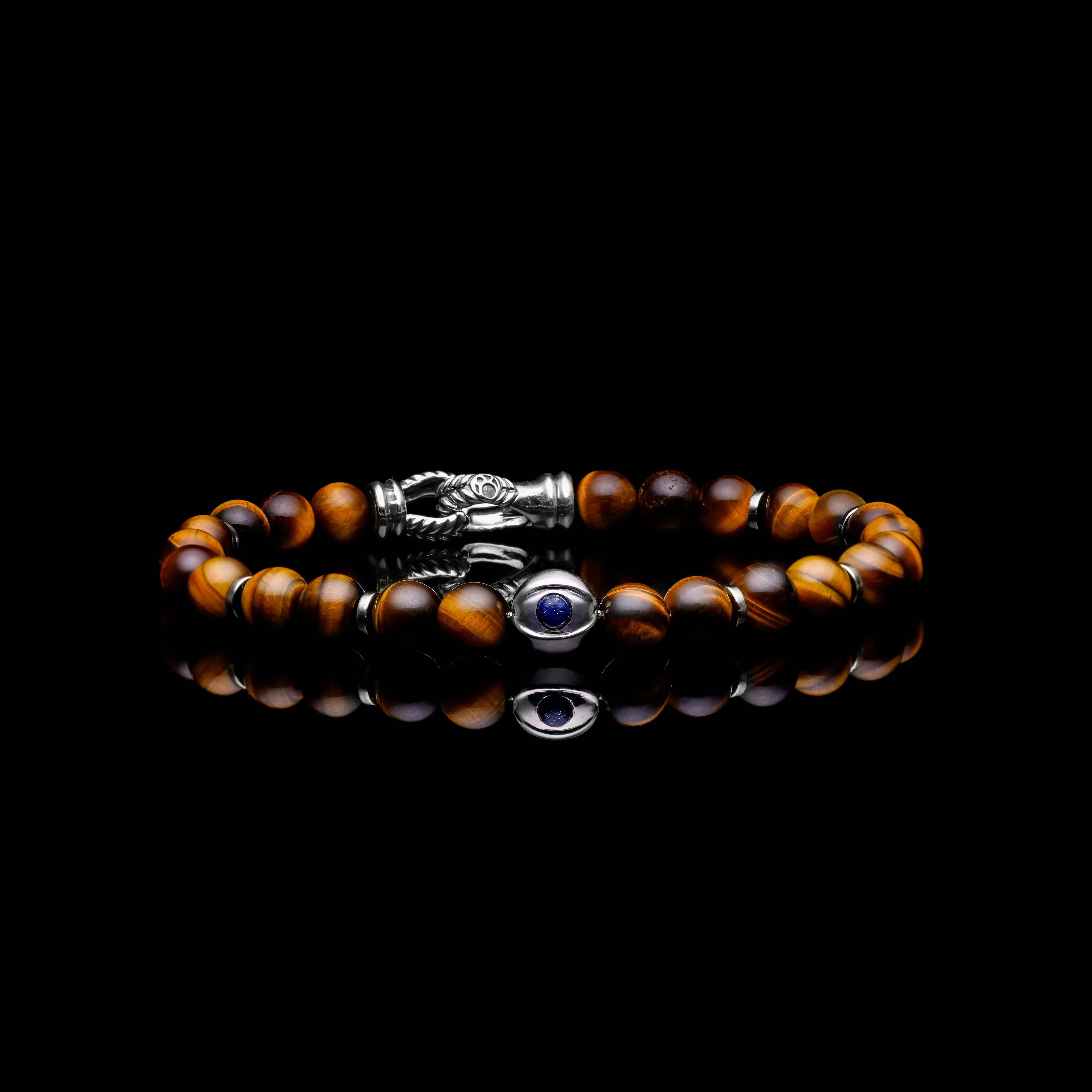 925 Silver Evil Eye Bracelet | Tiger Eye Beaded Bracelet In Laurel Clasp