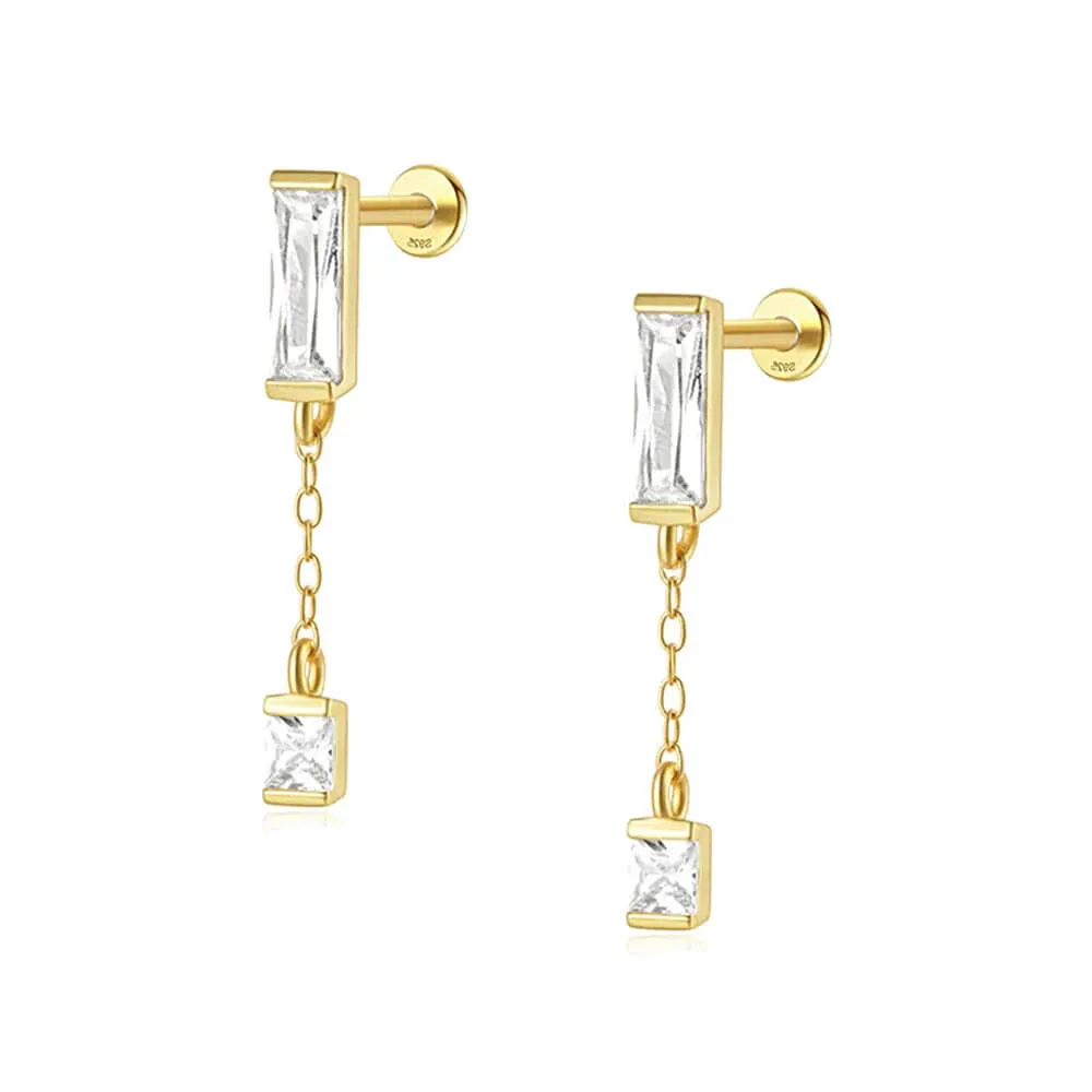 925 Silver Long and Short Square Pendant CZ Diamond Flat Back Earrings