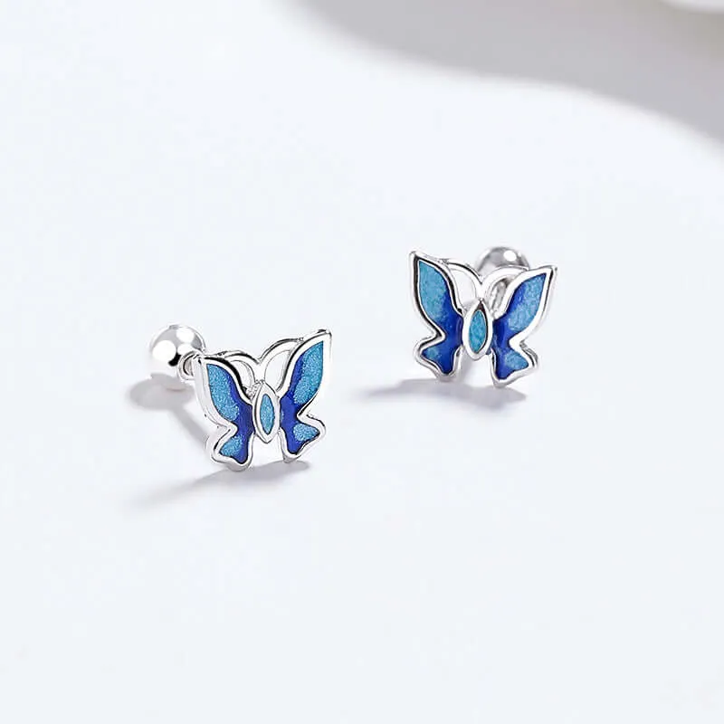 925 Sterling Silver Blue Drip Butterfly Threaded Ball Back Earrings for Women