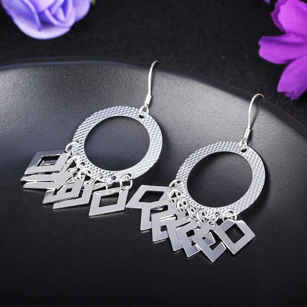 925 Sterling Silver Hollow Circle Rhombus Drop Earrings, Party Fashion Jewelry