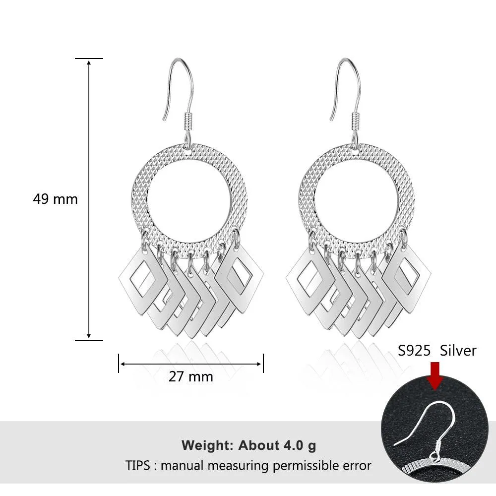 925 Sterling Silver Hollow Circle Rhombus Drop Earrings, Party Fashion Jewelry