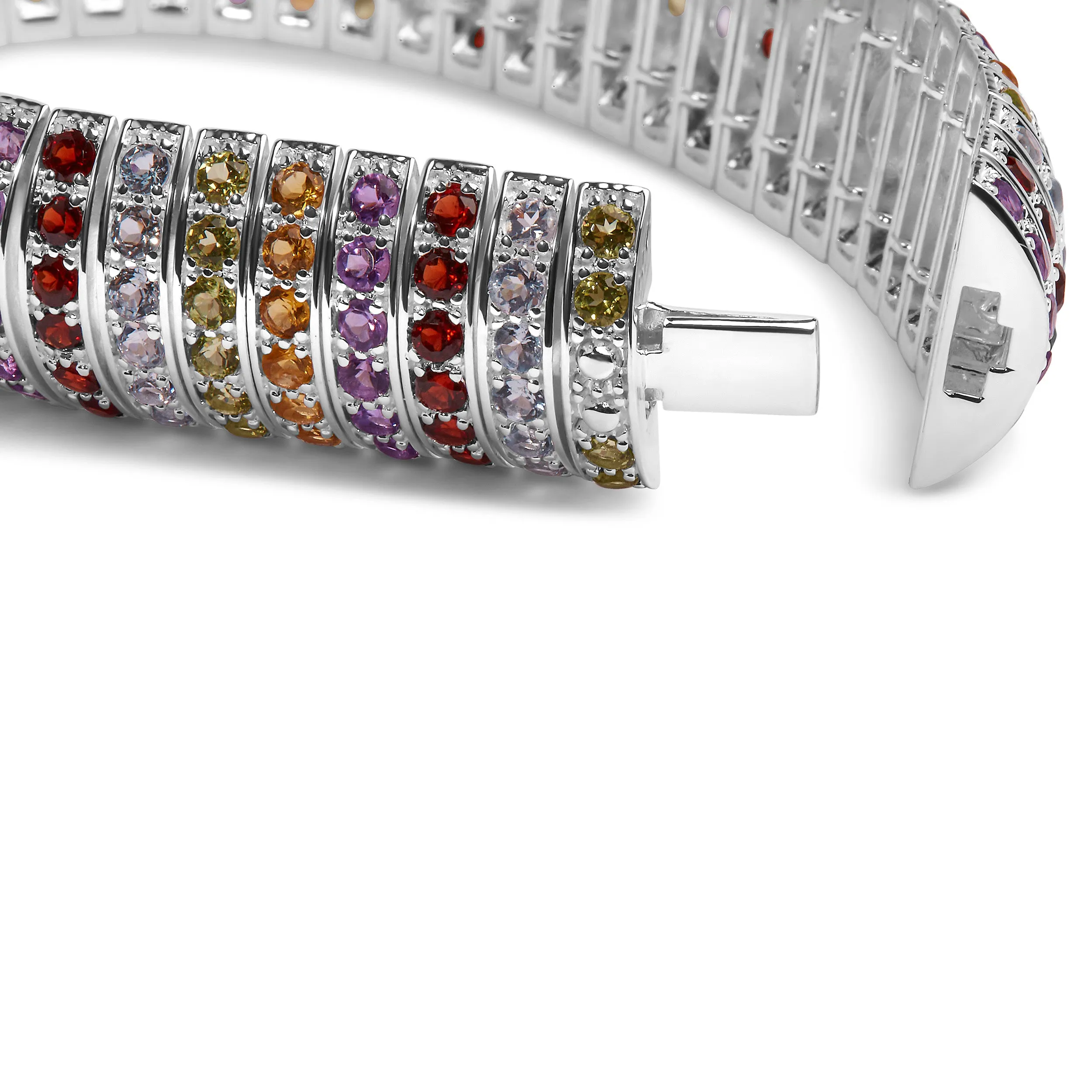 .925 Sterling Silver Multi Row Rainbow Gemstone  Bangle Bracelet