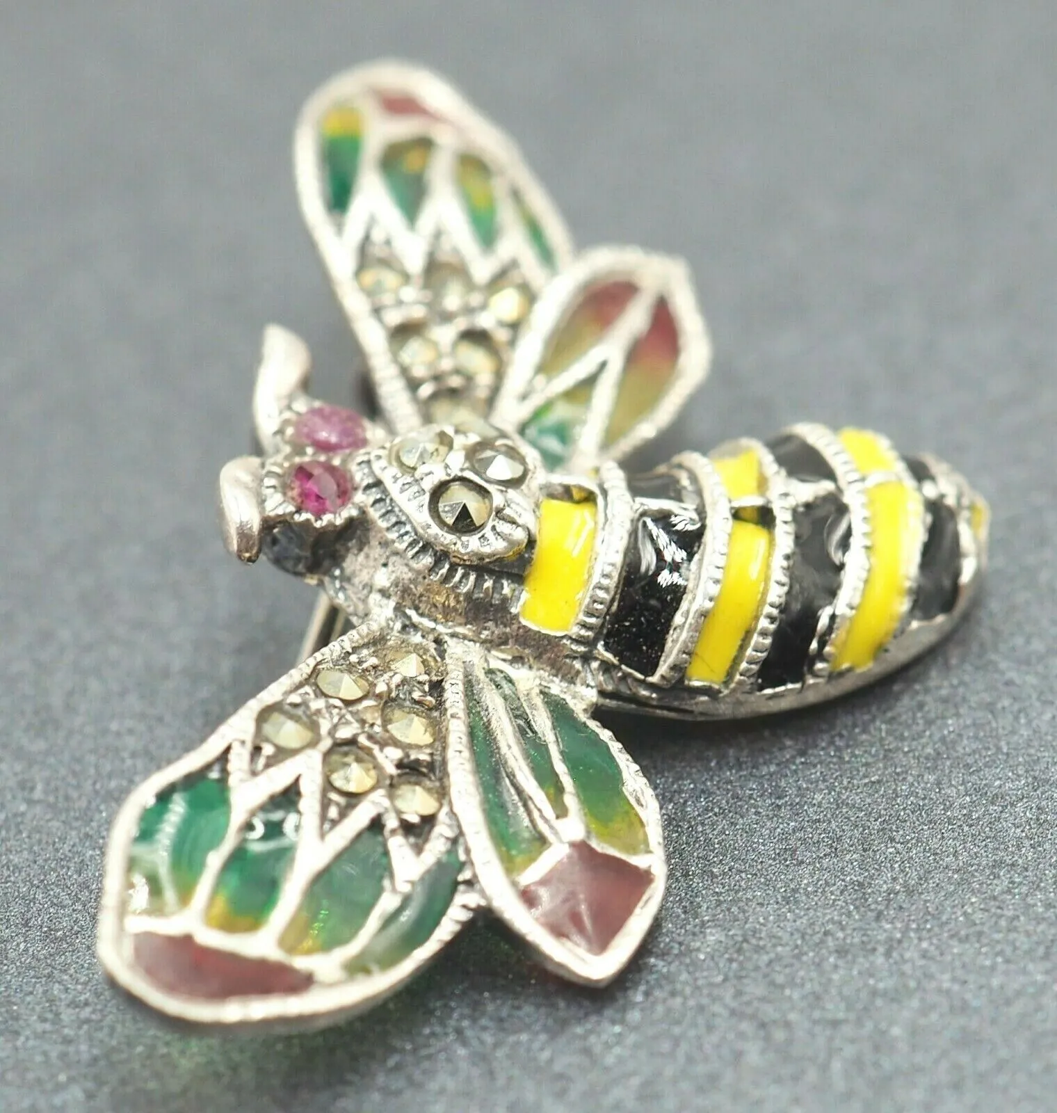 925 Sterling Silver Ruby, Marcasite & Enamel Bumble Bee Brooch