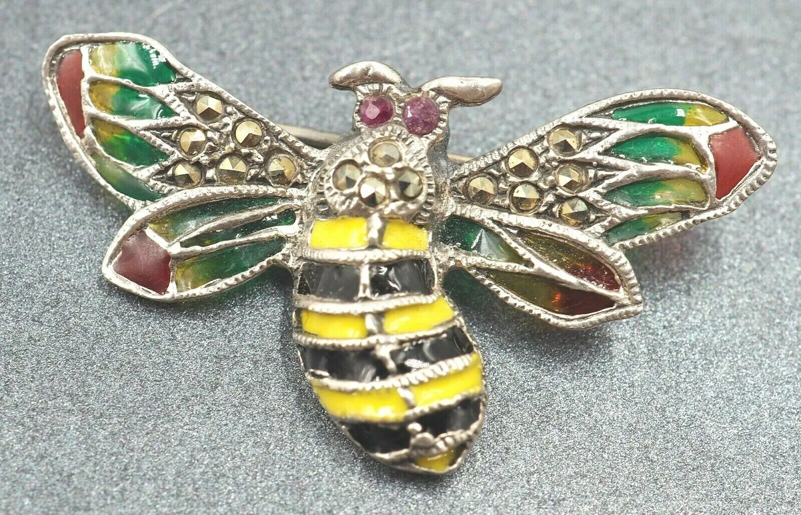 925 Sterling Silver Ruby, Marcasite & Enamel Bumble Bee Brooch