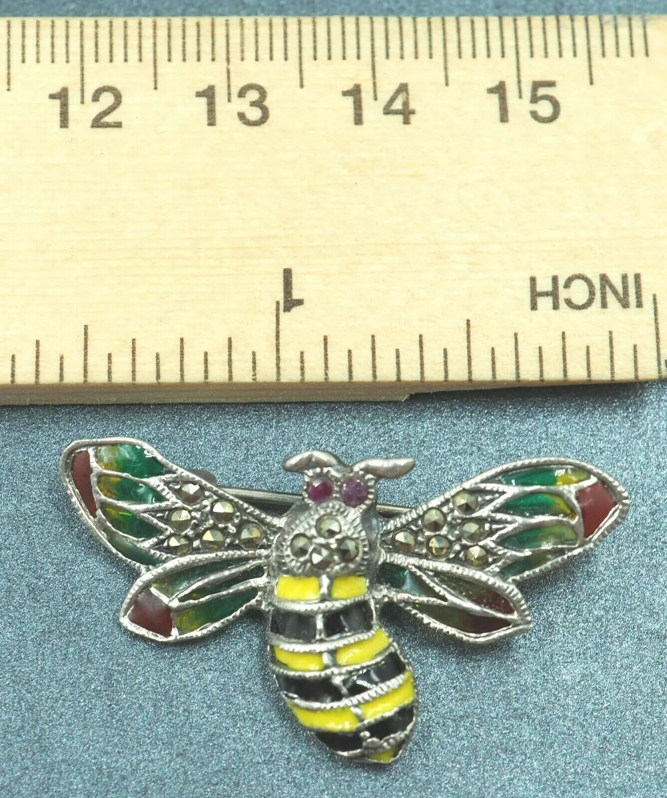 925 Sterling Silver Ruby, Marcasite & Enamel Bumble Bee Brooch