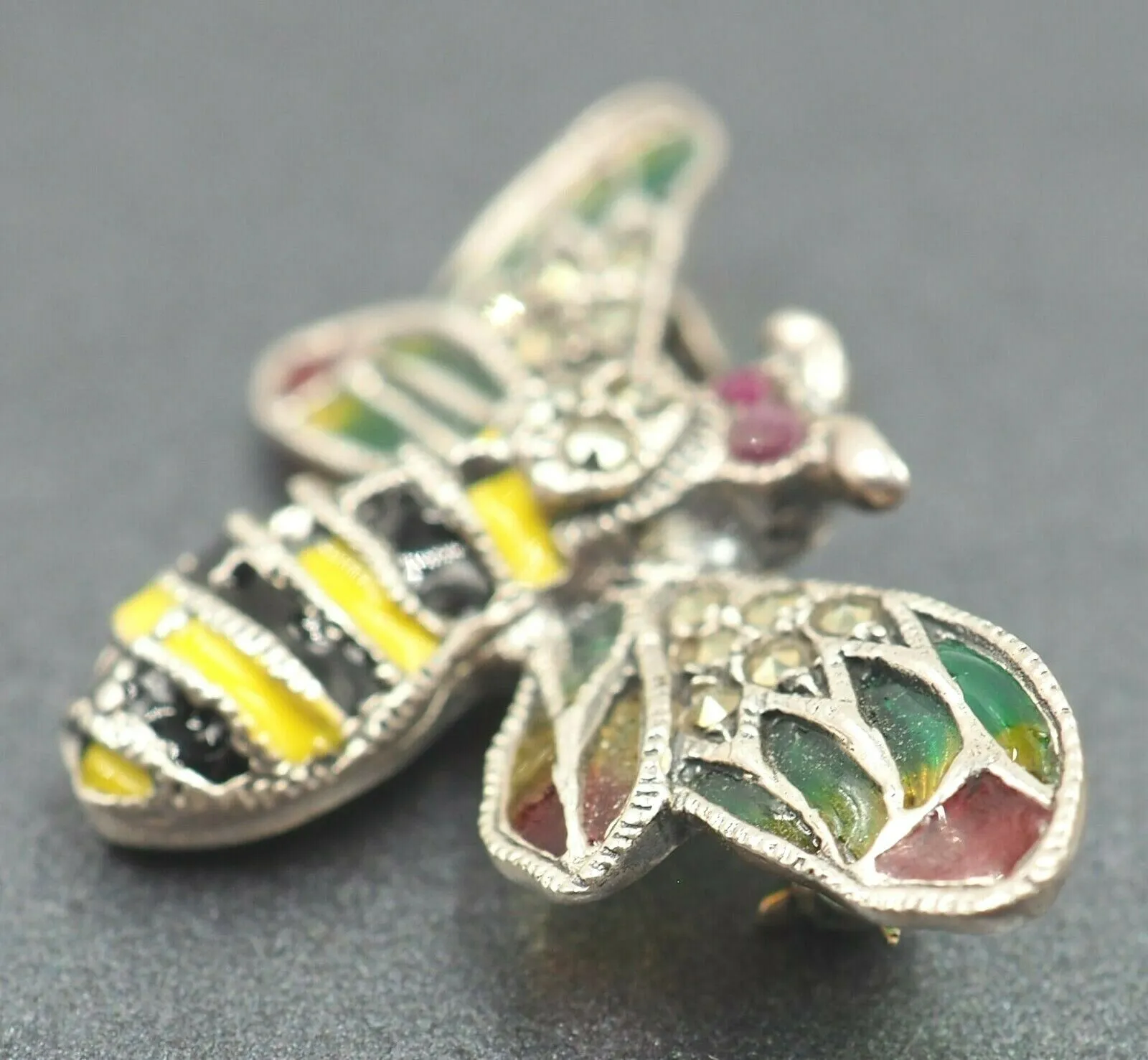 925 Sterling Silver Ruby, Marcasite & Enamel Bumble Bee Brooch