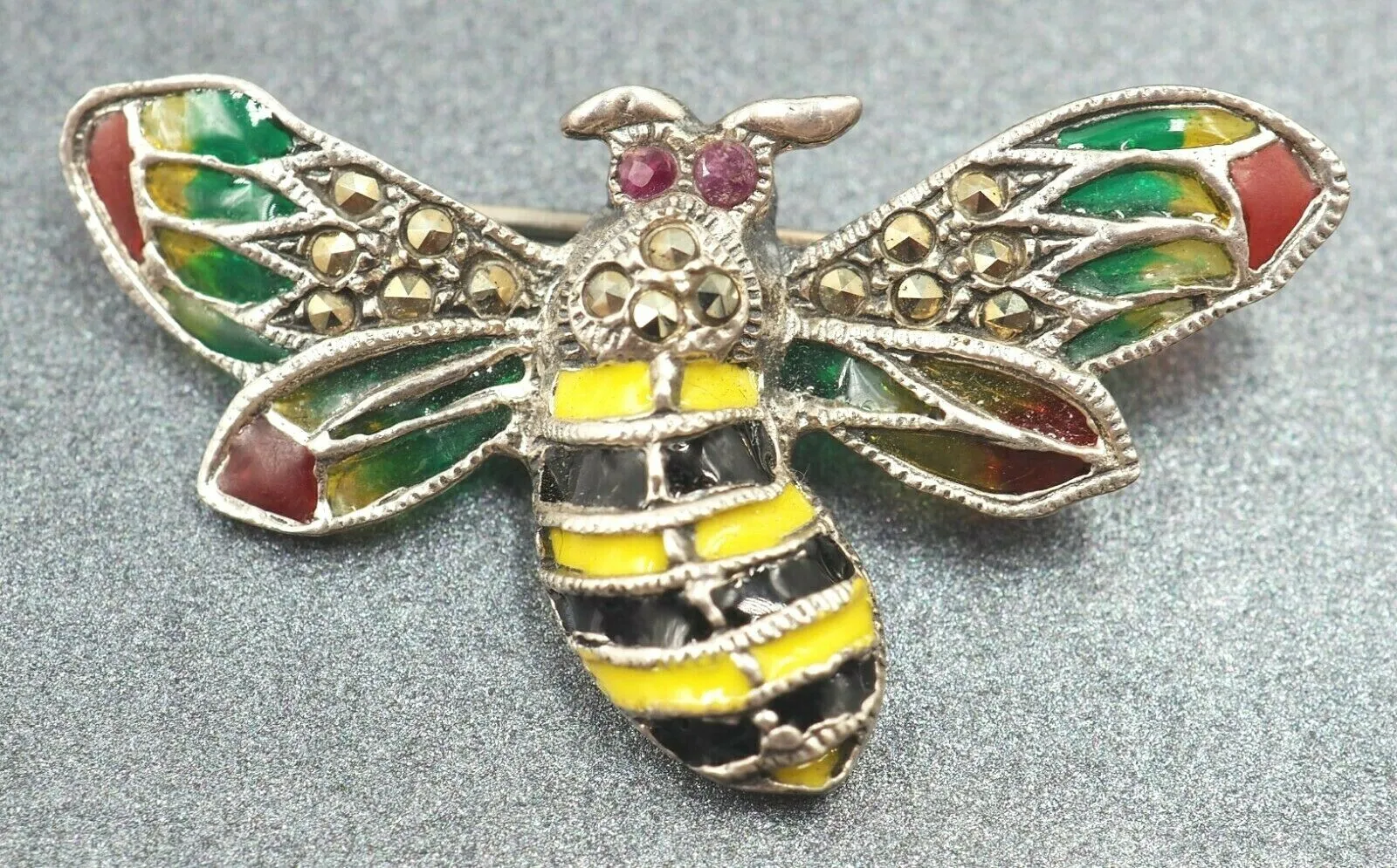 925 Sterling Silver Ruby, Marcasite & Enamel Bumble Bee Brooch