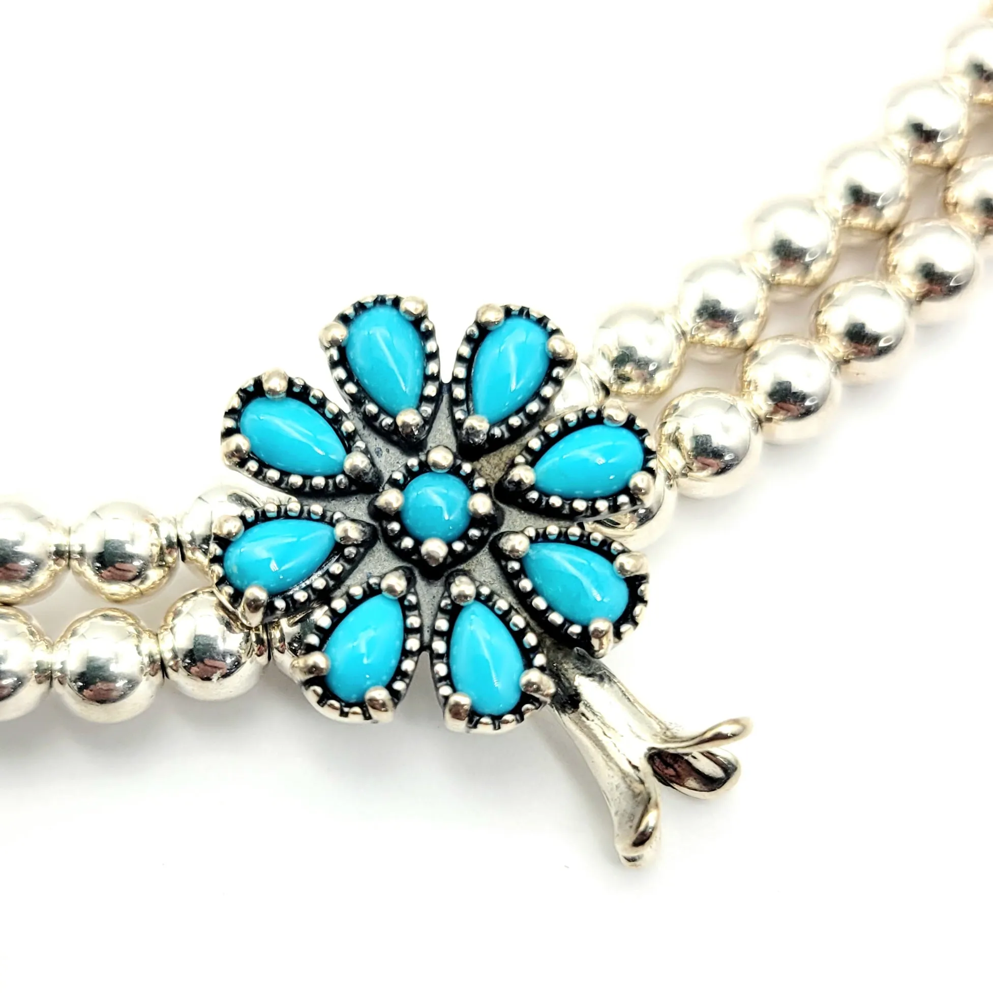 925 Sterling Silver Turquoise Flower Beaded Necklace