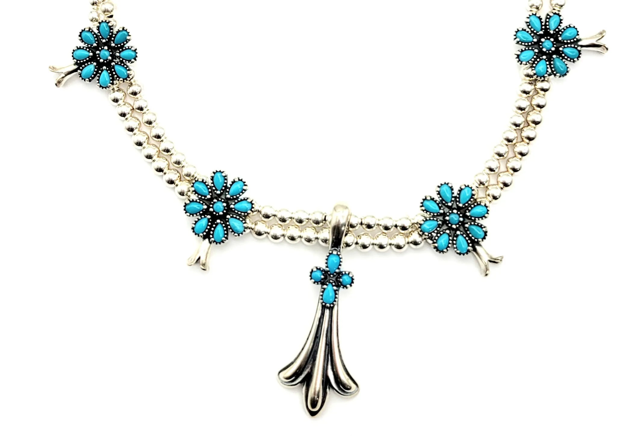 925 Sterling Silver Turquoise Flower Beaded Necklace