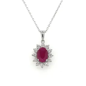 9ct White Gold Oval 0.89ct Ruby & Diamond Halo Pendant