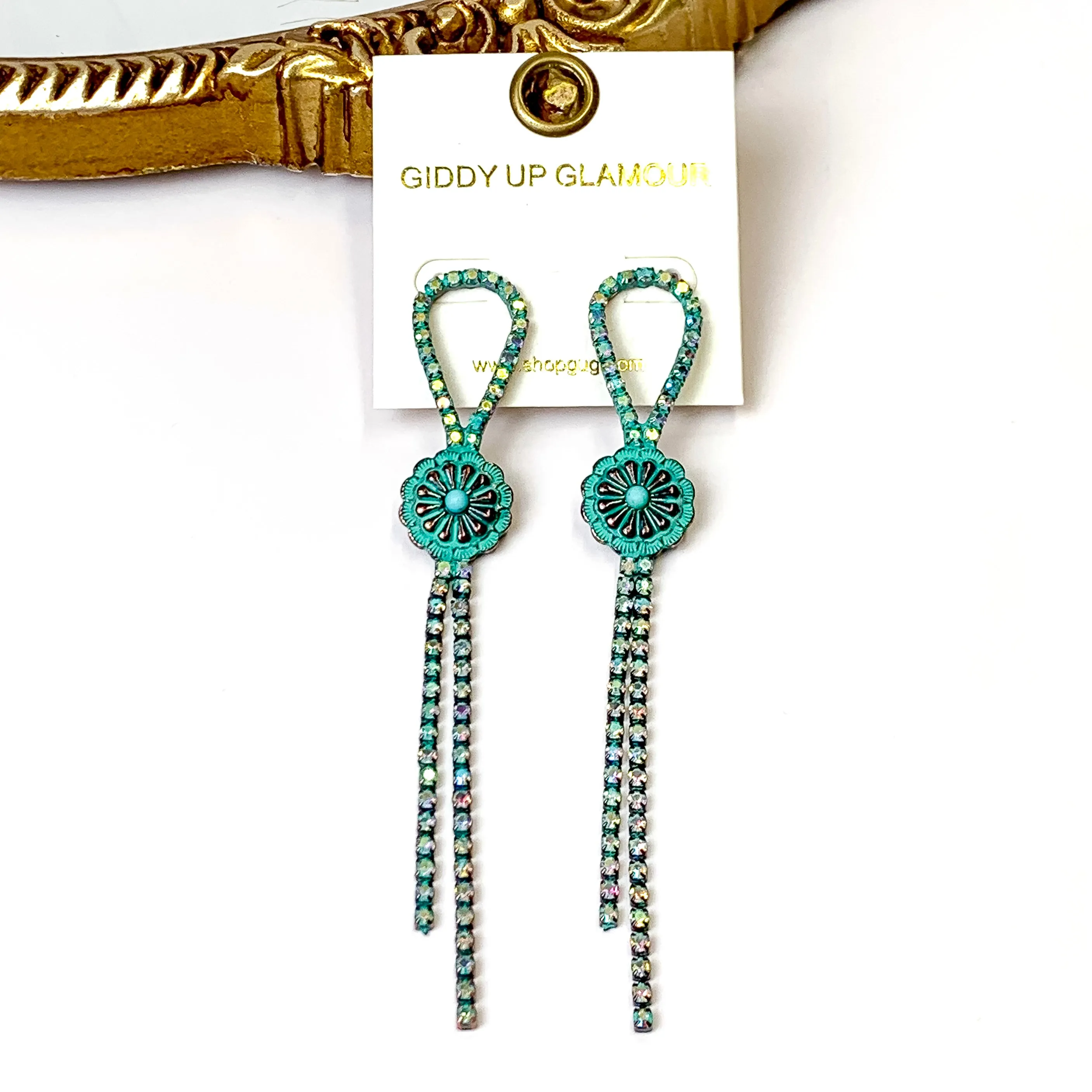 AB Crystal Bolo Tie Tassel Earrings with Circle Concho in Patina Tone